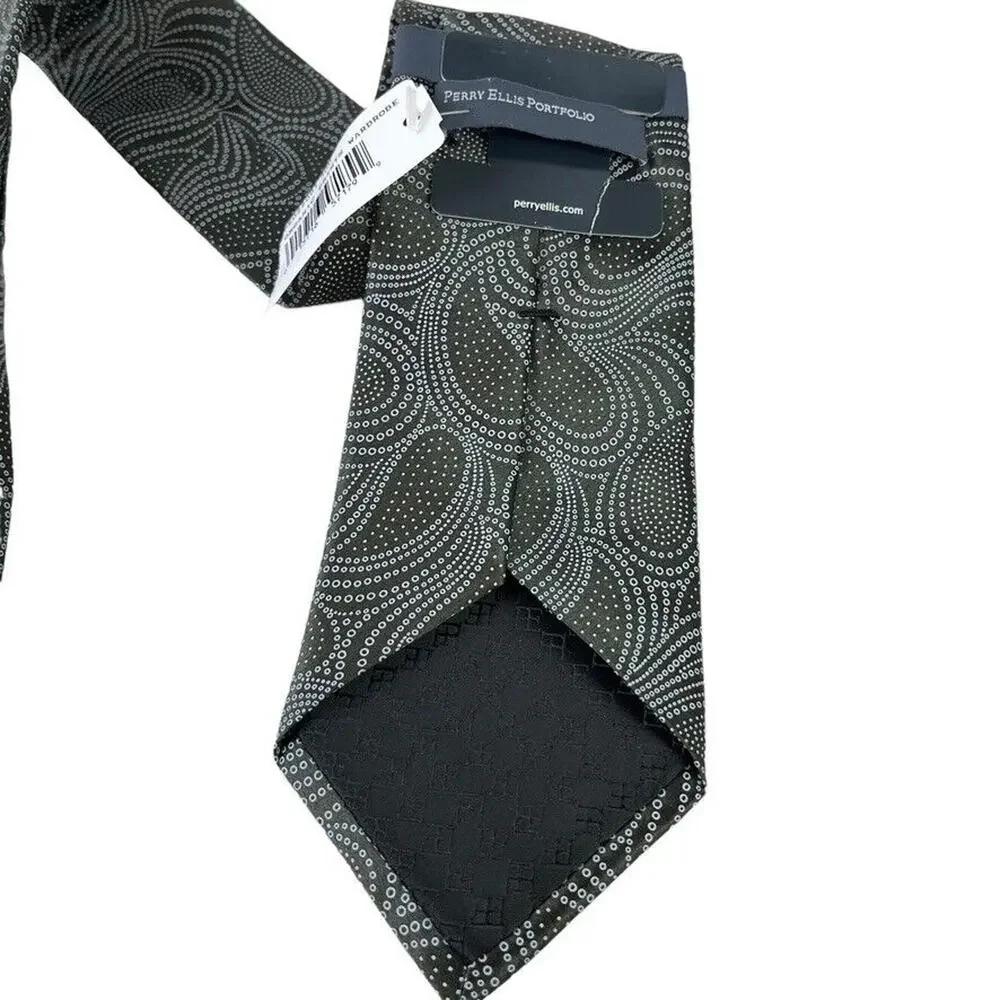 Perry Ellis Portfolio Mens Gray Olive Paisley 100% Silk Hand Made Necktie Tie